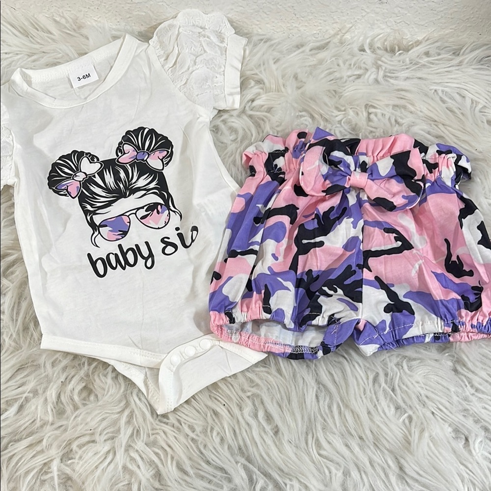 Baby Girl 2 Piece Set Outfit Onesie & Shorts Camouflage Size 3-6 Months NEW